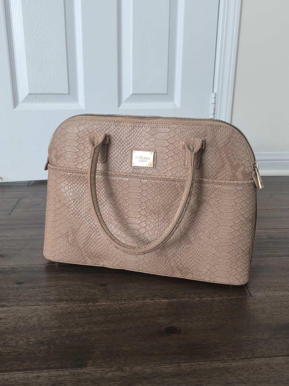 Milano Classic Structured Snake-Embossed Tote Bag in Taupe Nude